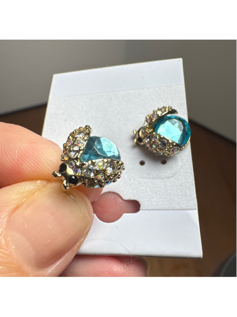 Blue and gold crystal Ladybug fashion earrings